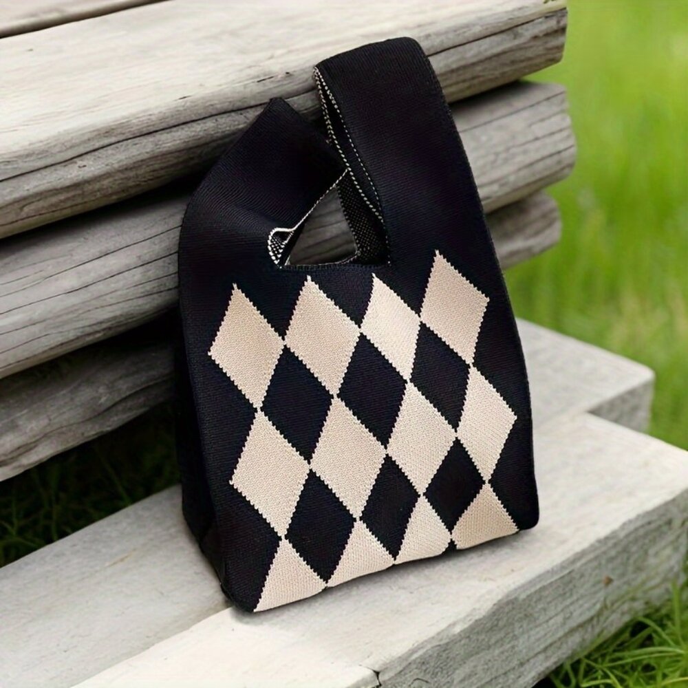 Chic Women's Knit Tote Bag with Striped Diamond & joyful Face Design